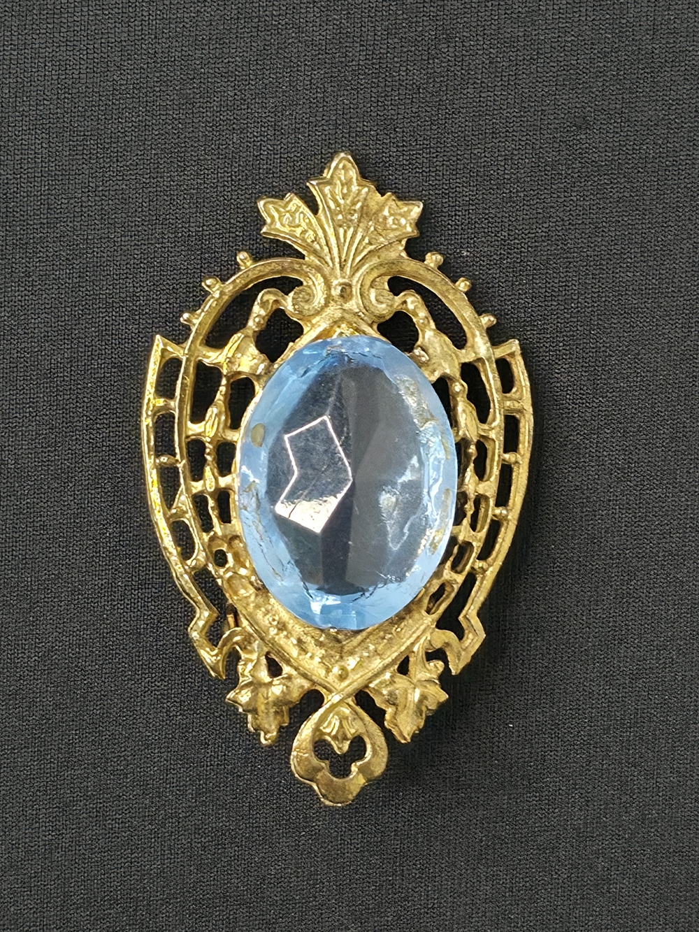 VTG 1970s Soviet Gold Plated Blue Acrylic Brooch Victorian Style Lollipop 2”
